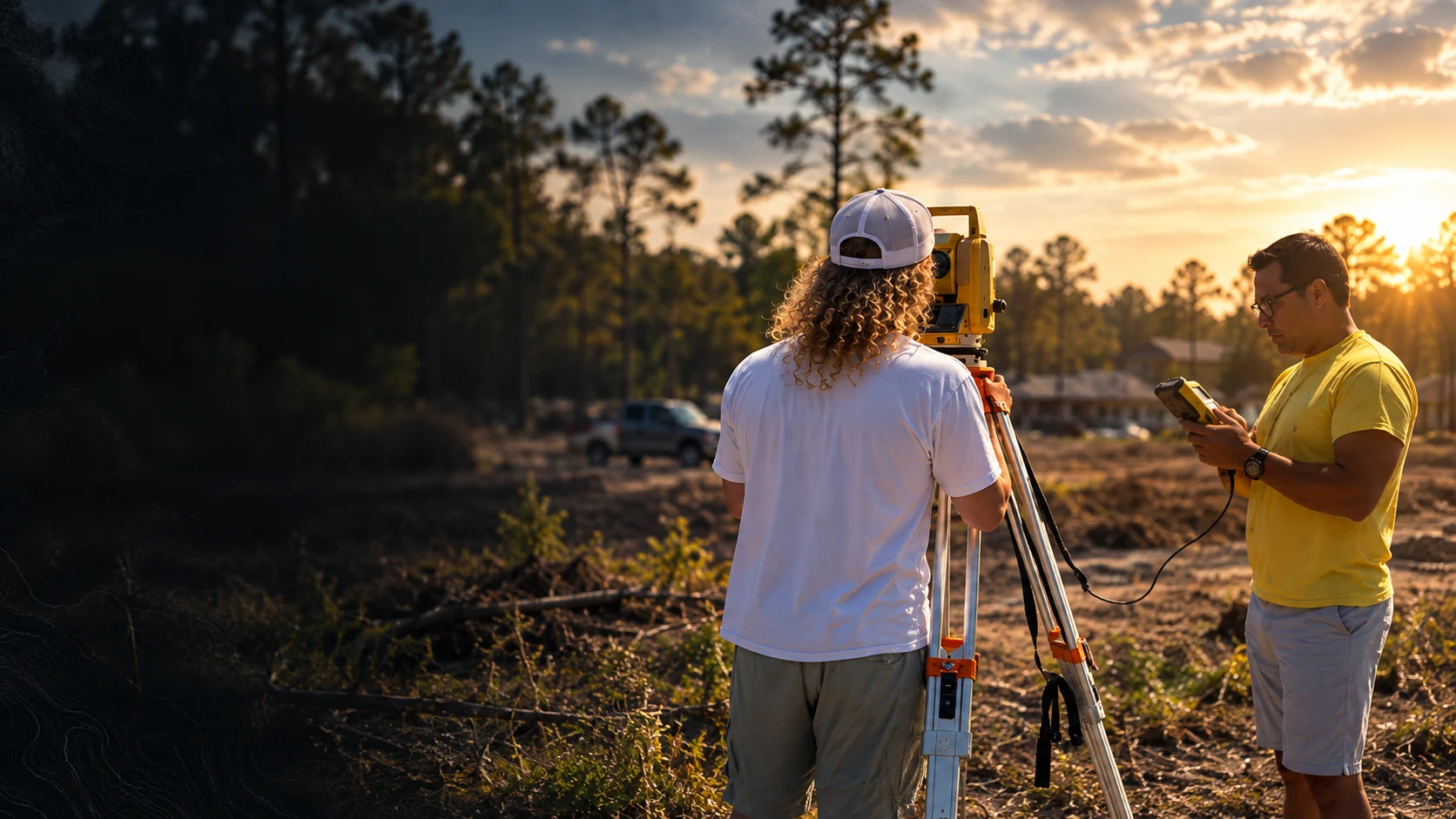 Surveying crew operating a total station and field controller at a Southeast Texas site, cinematic rendering based on Dishon team photography